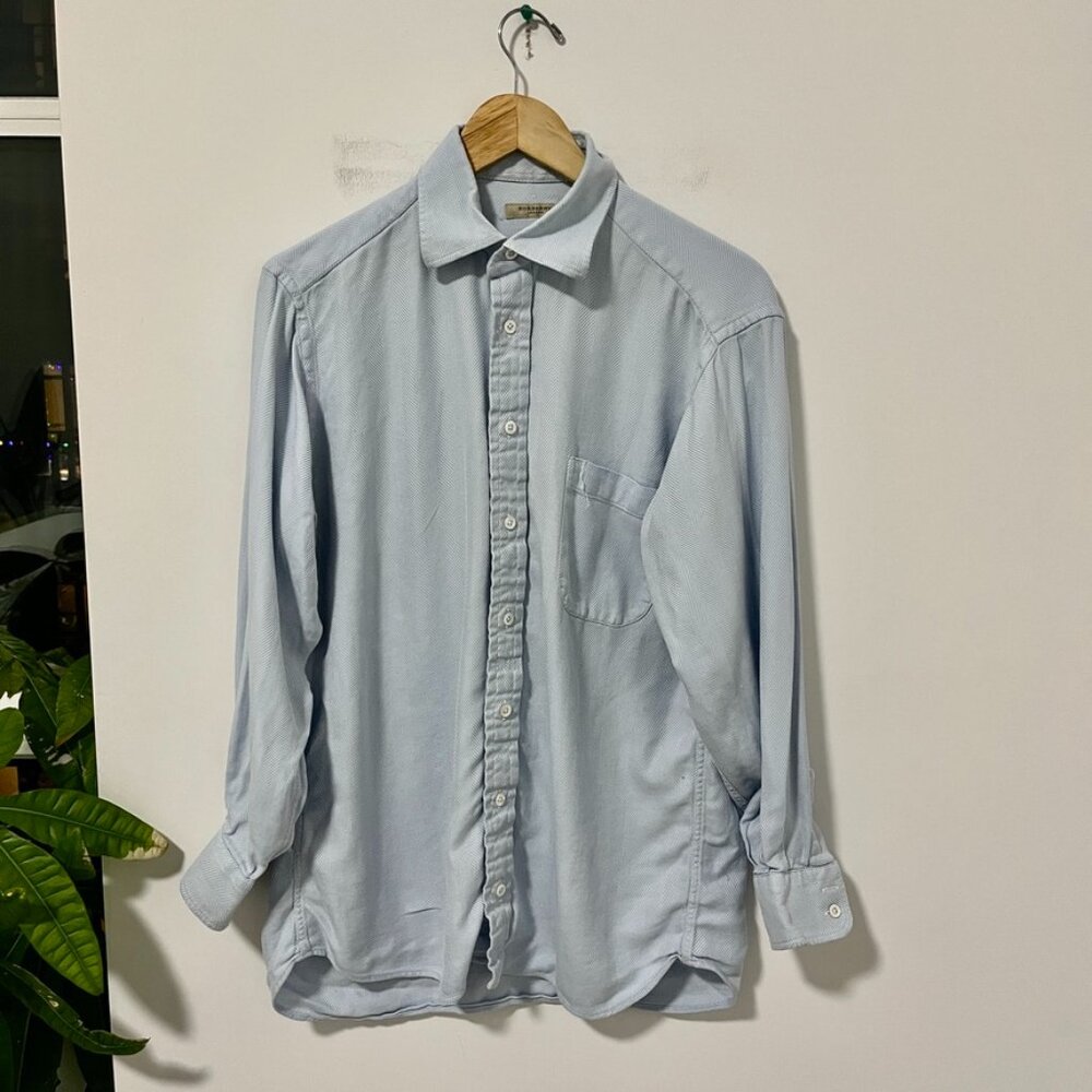 Burberry Men's Blue Stripe Print Long Sleeve Button Up Top Size 15.5 Neck